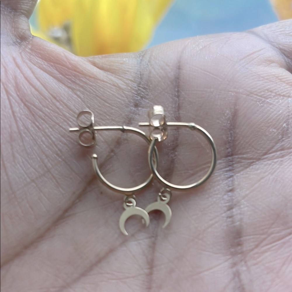 14K Yellow Gold Dainty Hoop Earrings with Crescent Charms